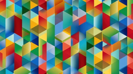 This vibrant abstract design features a mosaic of colorful geometric shapes, including cubes and triangles, set against a smooth background.