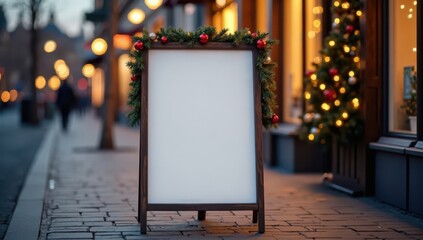 Festive A-frame sidewalk sign with Christmas greenery, ready for holiday promotions and winter event announcements.