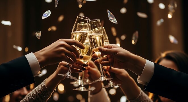 Champagne Toast Celebration with Confetti Falling Luxury New Year Party Success