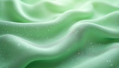 Obraz premium Light green fabric flows with subtle shimmer dots. Soft wavy textile surface creates elegant abstract background. Gentle curves, smooth folds form organic design pattern. Modern material with
