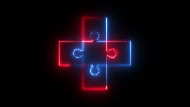 Glowing neon cross puzzle icon isolated on black background. teamwork puzzle success icon. puzzle pieces with word ownership coming together to make a whole.