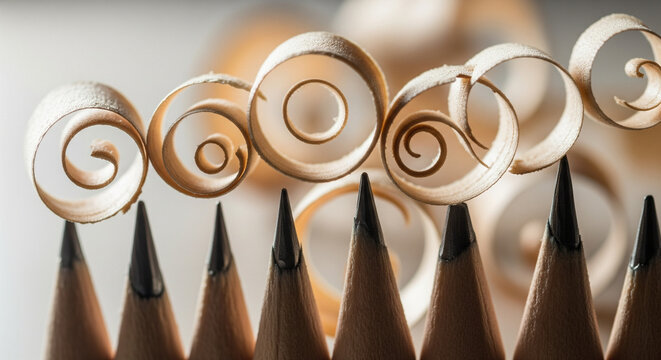 Pencils with spiral shavings symbolizing art, process and creativity.
A visually captivating macro photograph featuring a row of sharply pointed wooden pencils, each tipped with a delicate