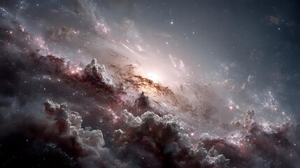 Fototapeta premium Majestic spiral galaxy with swirling cosmic dust clouds and bright stellar formations against deep space background.