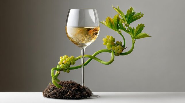 Glass of wine is placed on a table with a bunch of green leaves. The wine glass is positioned in a way that it looks like a vine, with the leaves surrounding it