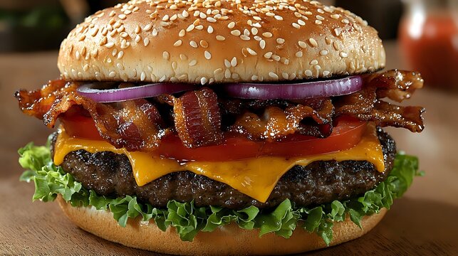 Juicy cheeseburger with crispy bacon, melted cheddar, fresh lettuce, tomato, and red onion on sesame seed bun, perfect for food advertising.
