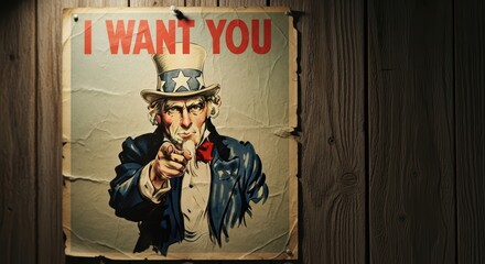 Vintage uncle sam recruitment poster on wooden wall