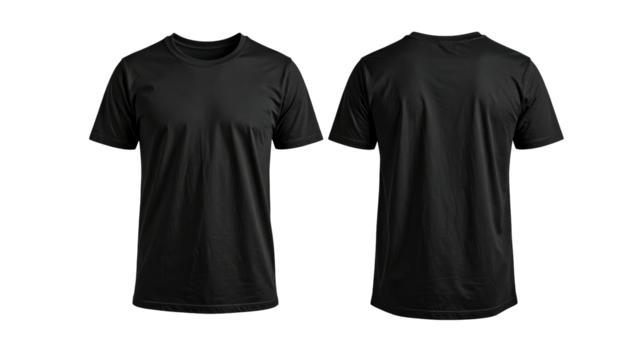Front and back view of a black, round-neck, short-sleeved t-shirt shown on black backdrop, minimal texture