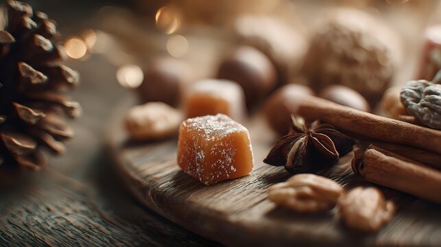 Aromatic winter spices with caramel candy, cinnamon sticks, star anise, pine cones and nuts on rustic wooden surface with soft bokeh background.