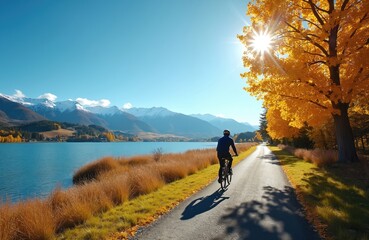 Man cycles on paved path by blue lake. Snow capped mountains rise beyond fields with yellow trees. Autumn season brings crisp air for outdoor activity and nature exploration.