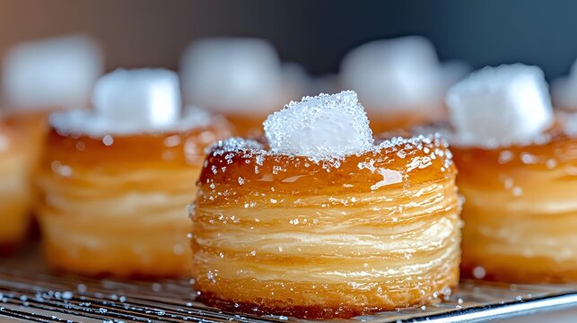Golden flaky pastry desserts with caramelized tops and sugar cube garnish, showcasing layered texture and buttery shine for food photography.