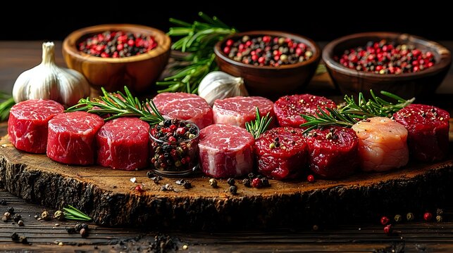 Raw beef tenderloin steaks arranged on wooden board with garlic, rosemary, peppercorns and fresh herbs for gourmet cooking preparation.