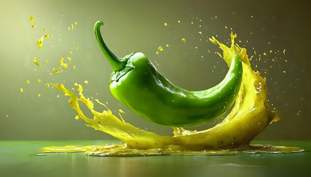 Fresh green jalapeno pepper with dynamic yellow liquid splash effect against green background, dramatic food photography with high-speed capture motion.