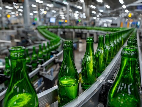 Green glass bottles on automated production line in modern beverage factory, showcasing industrial manufacturing process. - Powered by Adobe