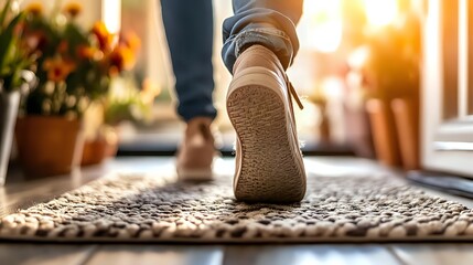 Close-up of person walking on doormat with casual shoes, surrounded by potted plants in warm sunlight, creating welcoming home entrance atmosphere.
