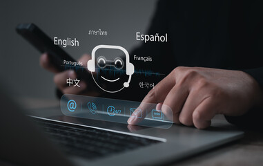 AI translation assistant for multilingual communication. Businessperson using chatbot on laptop to translate and support customers in multiple languages.