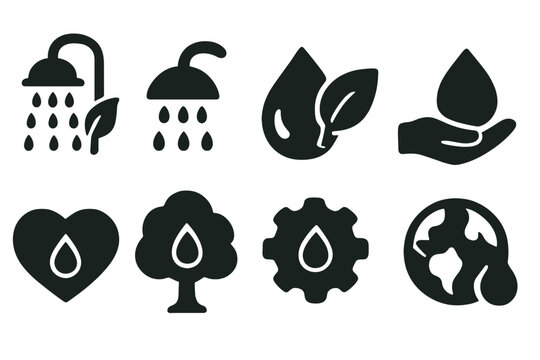 Eco-friendly water conservation solid icon set. Sustainability, nature symbols collection.