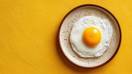 A single fried egg on a plate with a yellow textured background