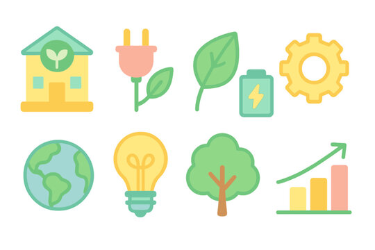 Eco-friendly icon set. Sustainability, renewable energy flat icons for green projects
