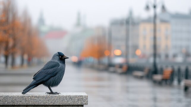 Close up of a black bird perched on a stone railing in a city street with blurred background and autumn trees