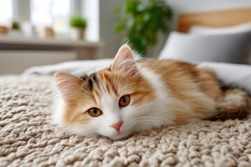 Close-up of a calico kitten with white and orange fur resting on a textured beige blanket indoors with soft natural light illuminating its face and warm cozy atmosphere