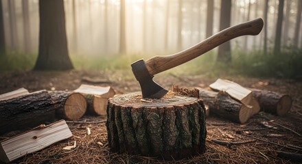 Axe Embedded in Tree Stump in Foggy Forest | Logging Equipment for Forestry, Outdoor Adventure and Sustainable Wood