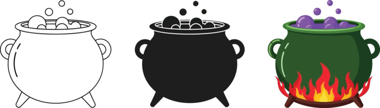 Set of three witch cauldron icons vector illustration: outline, solid black silhouette, and colorful cartoon graphic with bubbling purple potion over a bonfire or flame.