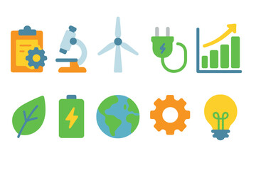 Eco-friendly sustainability flat icon set. Renewable energy, green technology, recycling symbols