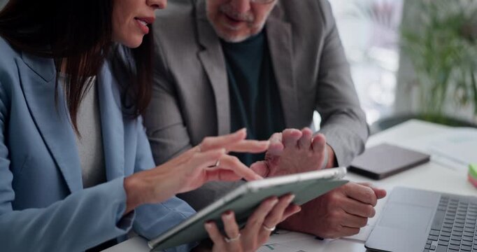 Office, team and hands with tablet, planning and risk management with info, discussion and research. Corporate, financial analyst and people with tech for performance review, online and collaboration