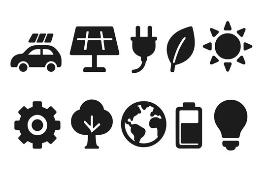Renewable energy solid icon set. Eco-friendly, green technology, sustainability icons.