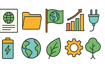Eco-friendly, sustainability flat icon set. Renewable energy and nature graphics.