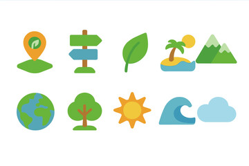 Nature travel flat icon set. Eco, adventure, landmarks, sun, water icons collection