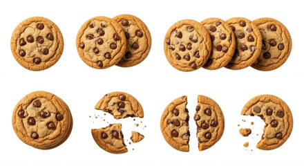 Chocolate chip cookies baked golden brown isolated on a transparent background