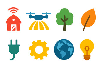 Agriculture and technology flat icon set. Farm, eco, renewable energy icons collection