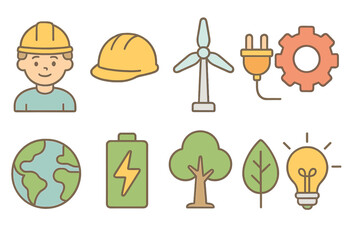 Construction and renewable energy icon set in flat style for sustainable projects
