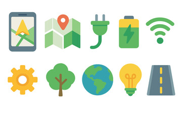 Navigation and energy filled icon set for digital and eco-friendly applications