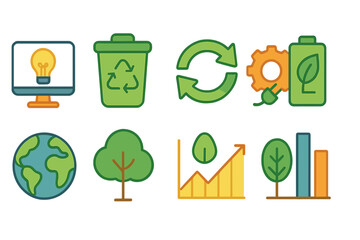 Eco-friendly, recycling flat icon set for sustainable environment and energy concepts