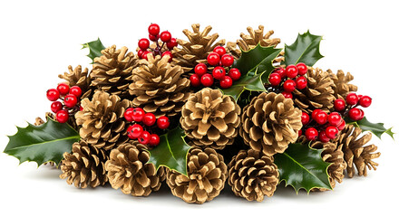 Festive holiday arrangement with pine cones, holly, and bright red berries.