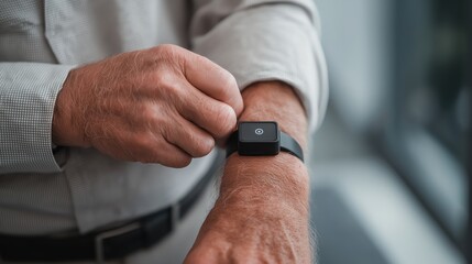 A man adjusts a smartwatch on his wrist, showcasing technology and personal health monitoring.