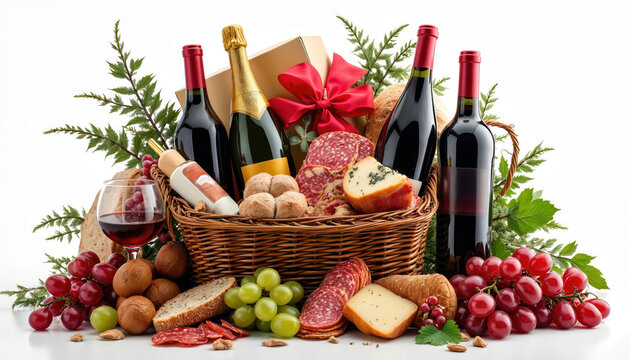 Gourmet food basket with wine bottles cheese salami and bread arranged in wicker. Festive luxury hamper includes grapes and green plant decoration perfect for celebrations.