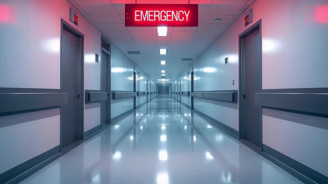 Empty hospital corridor leading to glowing red emergency sign with closed doors on both sides