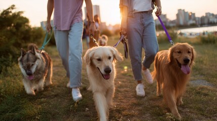 Naklejka premium Walking dogs at sunset near a city park with friends and happy pets