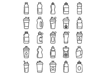 Hydration Icon Set: 25 Vector Bottles, Black and White Water Bottle Line Art Collection, Beverage and Gym Bottle Outline Icons