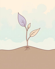 Obraz premium A simple, minimalist illustration of a young seedling with roots in the soil, reaching up towards a pastel sky