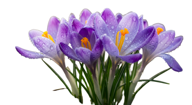 Purple crocus bouquet in bloom with orange stamens