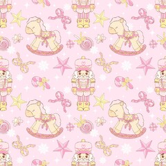 Pastel Coquette Nutcracker and Rocking Horse Christmas Seamless Pattern | Cute Pink Holiday Design