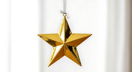 Golden Christmas Star Ornament Hung on Ribbon Against White Background