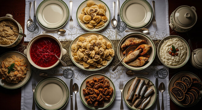 Overhead View of a Wigilia Feast Table with 12 Dishes