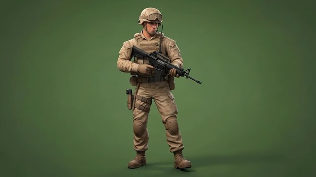 Soldier in Uniform Holding Rifle Posing Against Green Background.