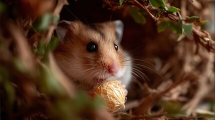 Hamster enjoying a playtime snack in a cozy nest during the afternoon