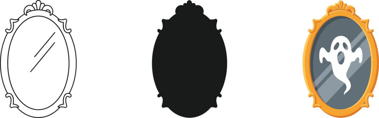 Ornate oval antique mirror icons set including detailed line art, solid silhouette, and color illustration featuring a spooky white ghost reflection inside, perfect for halloween horror.